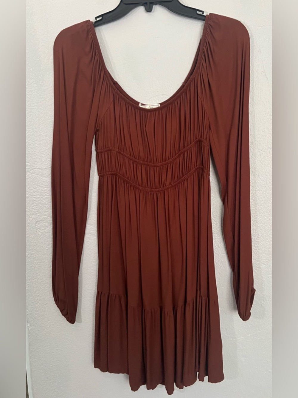 Rust Brown Long Sleeve Ruched Women's Dress